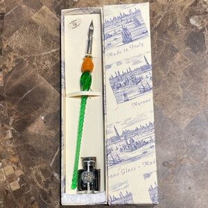 Murano Green and Orange Glass Art Pen, Sterling Silver 800/1000